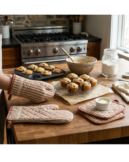 Purliv Striped Oven Mitt and Pot Holder Set Clay 4 Piece