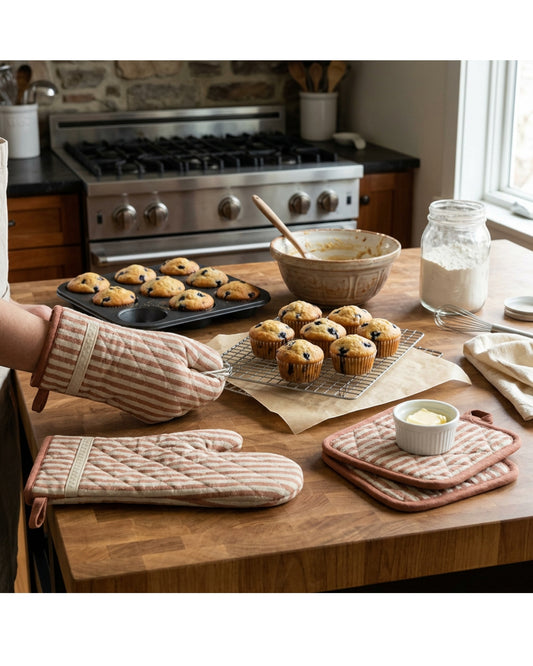 Purliv Striped Oven Mitt and Pot Holder Set Clay 4 Piece