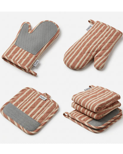 Purliv Striped Oven Mitt and Pot Holder Set Clay 4 Piece